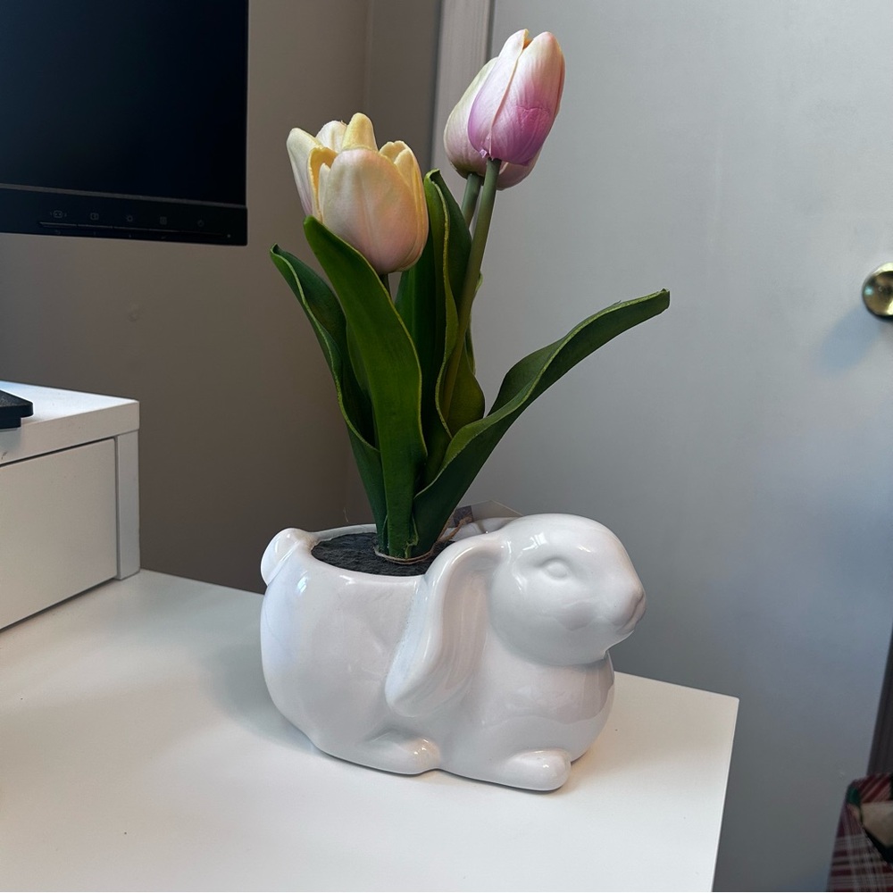White Ceramic Bunny Planter with Faux Tulips